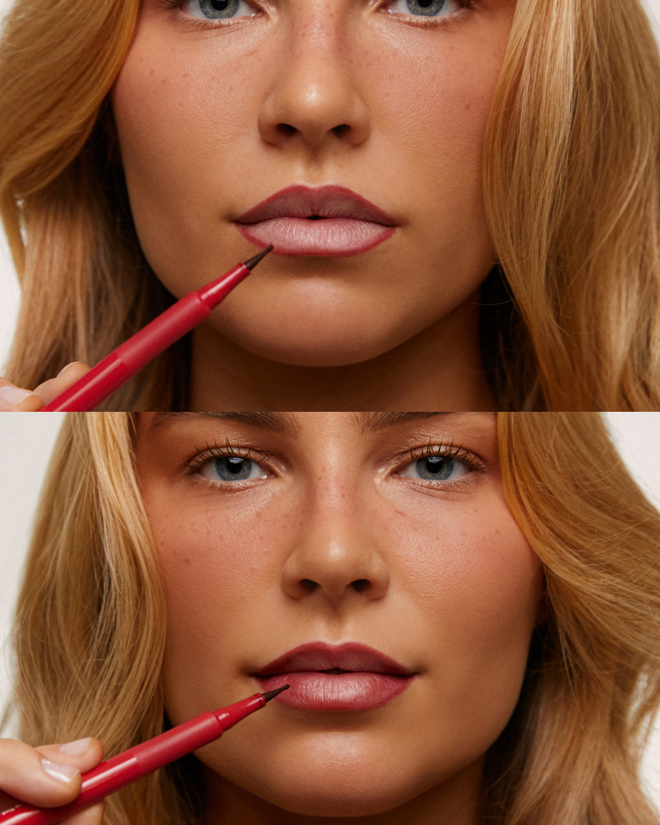 Modelo aplicando lip tint Guava com aplicador esferográfico, tom vermelho