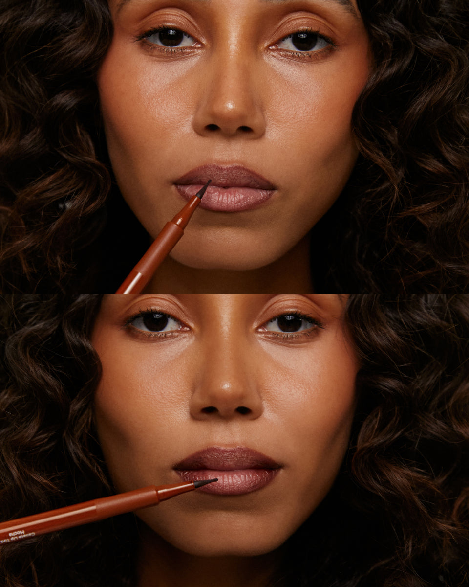 Modelo aplicando lip tint Guava com aplicador esferográfico